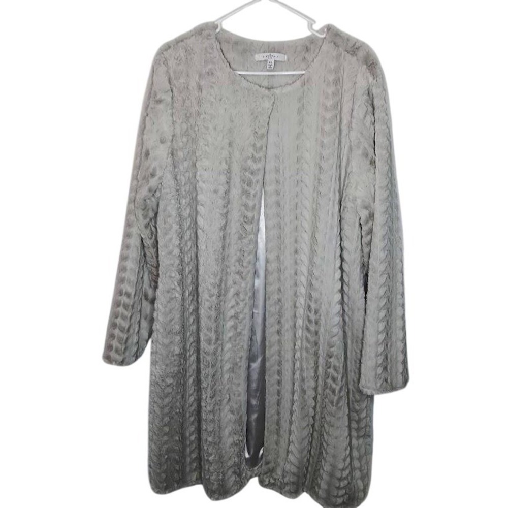 Fever Coat Womens XL Gray Faux Fur Open Front Collarless Plush Overcoat‎
